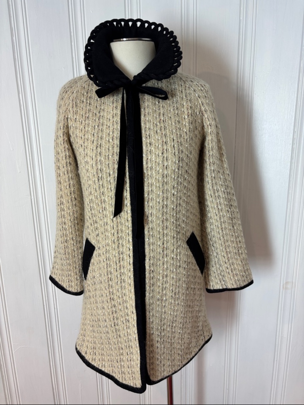 TOPSHOP Bouclé Tweed Swing Coat Wool Mohair Mod Statement Collar - US 6